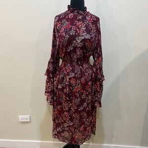 IRO floral print smocked georgette long bell sleeve ruffle midi dress size 36